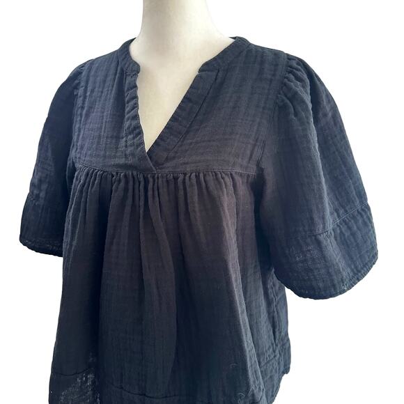 Old Navy Boho Prairie Black Cotton Textured Relaxed Fit Blouse XS Short Sleeve - Picture 3 of 8